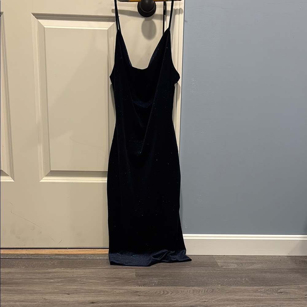 Lovely Day Navy Blue Sparkly Slip Midi Dress Spaghetti Strap